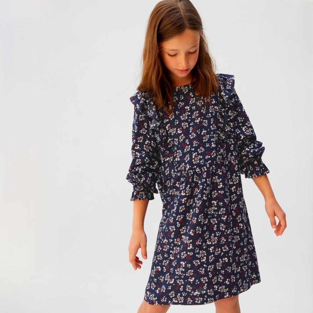 Mango navy blue floral flounced dress